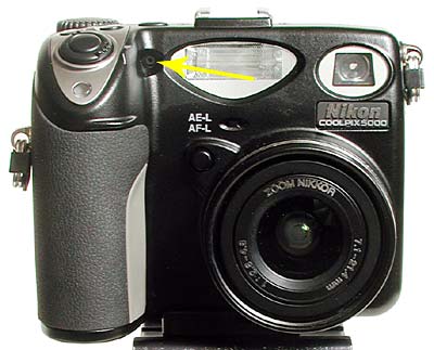 CoolPix 5000 showing location of the photocell that controls the in camera flash
